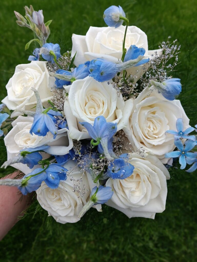 White roses with blue accents  - prom and homecoming